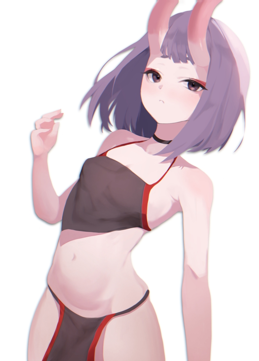 1girl absurdres black_fundoshi blush bob_cut breasts chinese_clothes choker dudou eyeliner fate/grand_order fate_(series) fundoshi gadeung_hye highres horns japanese_clothes looking_at_viewer makeup navel oni pelvic_curtain purple_eyes purple_hair short_hair shuten_douji_(fate) simple_background skin-covered_horns small_breasts solo