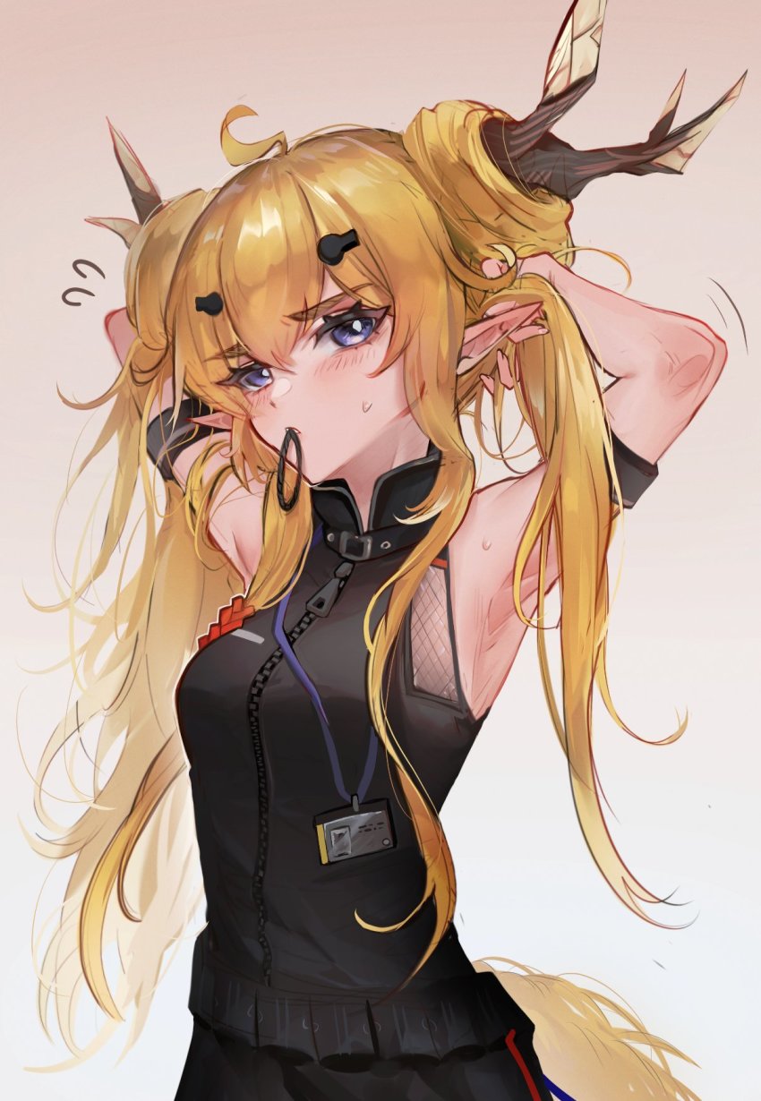 1girl ahoge arknights arm_strap arm_up armpits black_dress blue_eyes blush breasts cowboy_shot dress flying_sweatdrops gradient_background hair_tie highres holding holding_own_hair horns id_card kaguura_(kagu) leizi_(arknights) looking_at_viewer medium_breasts motion_lines mouth_hold parted_lips pointy_ears sleeveless sleeveless_dress solo sweat tail twintails tying_hair v-shaped_eyebrows white_background zipper_pull_tab