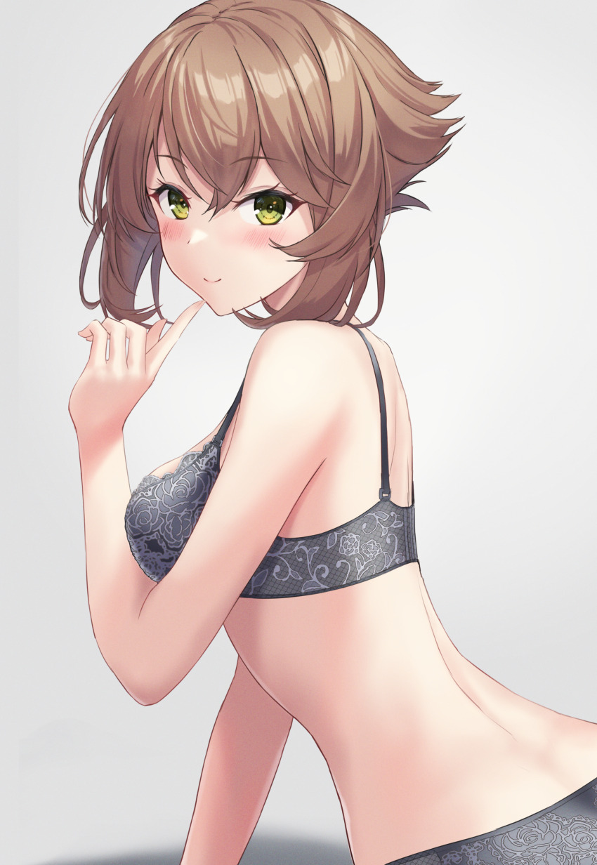 1girl absurdres black_bra black_panties blush bra breasts brown_hair closed_mouth from_side green_eyes hair_between_eyes highres index_finger_raised kantai_collection large_breasts looking_at_viewer monoku mutsu_(kancolle) panties short_hair smile solo underwear underwear_only upper_body