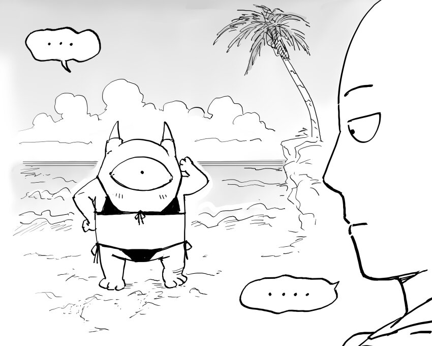 ... 1boy absurdres bb_(baalbuddy) beach bikini black_bikini closed_mouth cloud cloudy_sky creature greyscale highres horizon looking_at_another manako_(one-punch_man) monochrome ocean one-punch_man palm_tree saitama_(one-punch_man) shore sky speech_bubble swimsuit tree