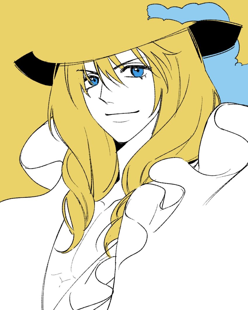 1boy blonde_hair blue_eyes cavendish coat collar drill_hair eyelashes frilled_coat frilled_collar frills hair_between_eyes hat hat_feather highres long_hair looking_at_viewer male_focus one_piece ppyobong11 smile solo upper_body yellow_background