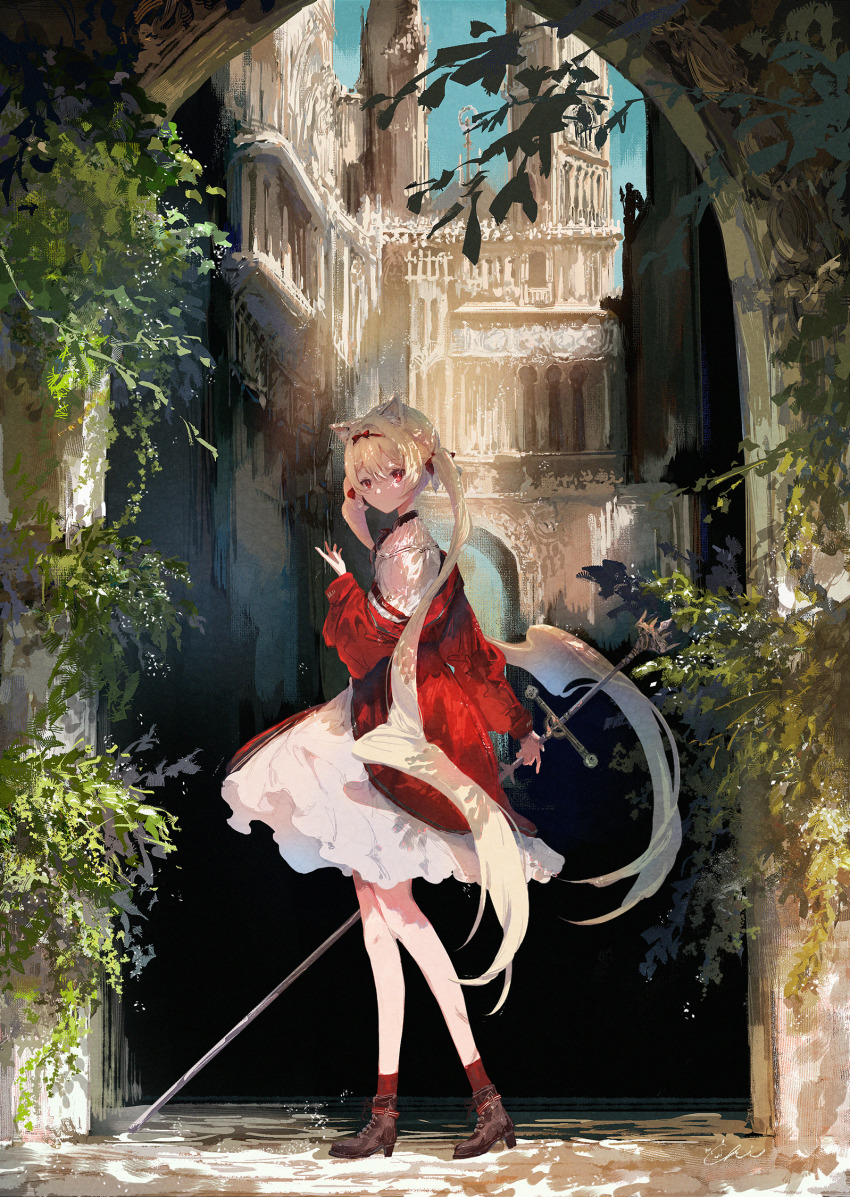 1girl animal_ears blonde_hair bow brown_footwear castle cat_ears doorway dress highres holding holding_sword holding_weapon jacket koyamanatsu long_sword looking_at_viewer original plant red_bow red_eyes red_jacket red_ribbon red_socks ribbon scenery socks solo sword thighs twintails weapon white_dress