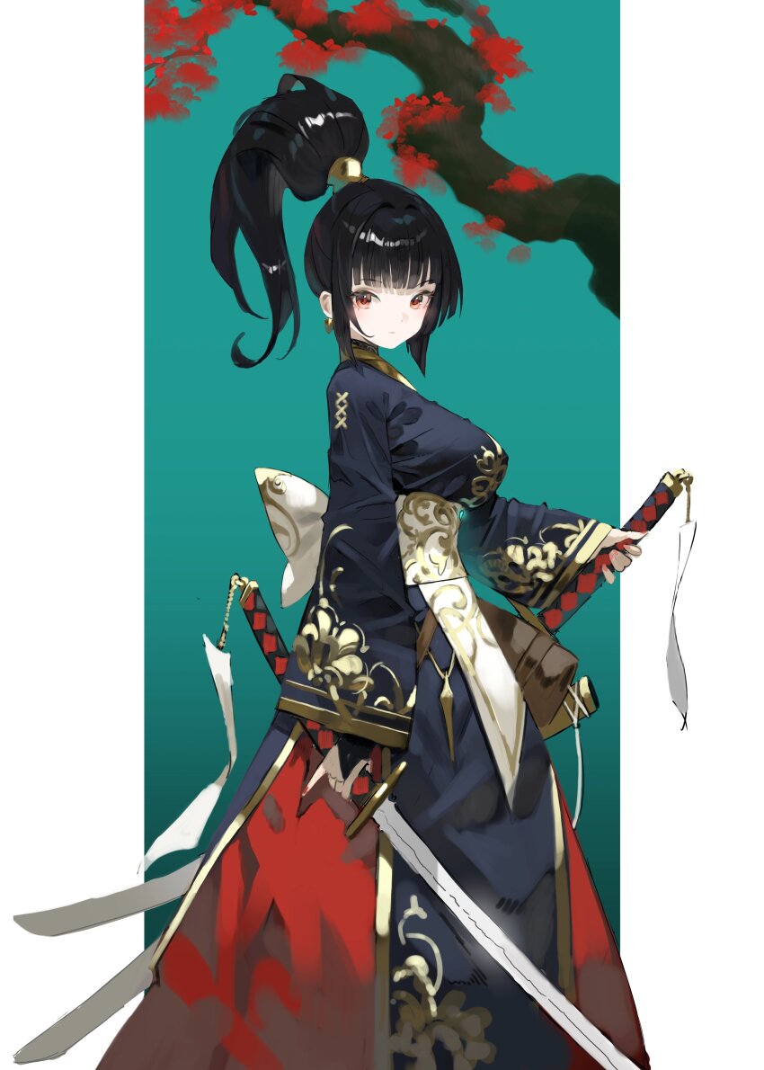 1girl absurdres arowana2111 black_dress black_hair branch dress dual_wielding high_ponytail highres holding holding_sword holding_weapon japanese_clothes katana looking_at_viewer obi original outside_border pillarboxed ponytail sash scabbard sheath solo sword tree weapon