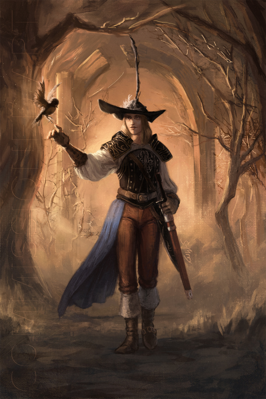 1girl bird black_hat blonde_hair bloodexer boots brown_footwear brown_gloves brown_pants commentary_request commission dark_souls_(series) dark_souls_ii forest full_body gloves hat hat_feather highres lucatiel_of_mirrah nature pants parted_lips sheath sheathed smile standing sword weapon