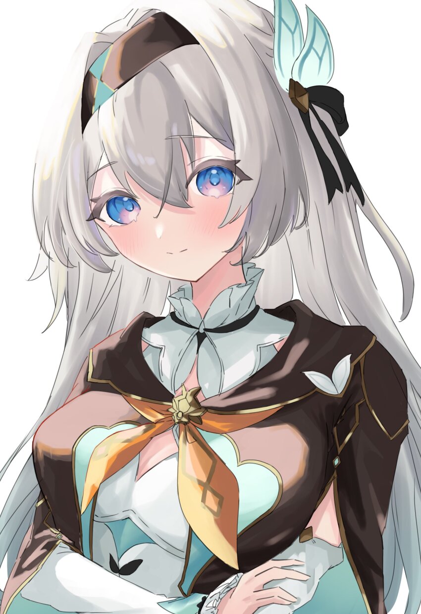 1girl absurdres black_hairband blush breasts cropped_jacket crossed_arms e6imay0 firefly_(honkai:_star_rail) grey_hair hair_between_eyes hair_intakes hair_ornament hairband highres honkai:_star_rail honkai_(series) long_hair looking_at_viewer medium_breasts neckerchief orange_neckerchief solo two-tone_eyes upper_body white_background