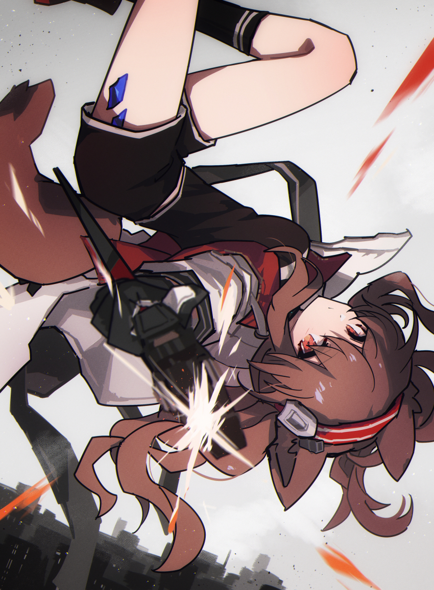 1girl :/ absurdres angelina_(arknights) animal_ears arknights black_shirt black_shorts black_socks breasts brown_hair cityscape coat commentary dot_nose earpiece eee028 expressionless feet_out_of_frame floating floating_clothes floating_hair fox_ears fox_girl fox_tail hair_between_eyes hairband highres holding holding_staff infection_monitor_(arknights) jacket kneehighs layered_shirt long_hair material_growth medium_breasts open_clothes open_coat open_jacket oripathy_lesion_(arknights) red_eyes red_hairband red_jacket shirt shorts sidelocks socks solo staff striped_clothes striped_hairband symbol-only_commentary tail twintails upskirt white_jacket
