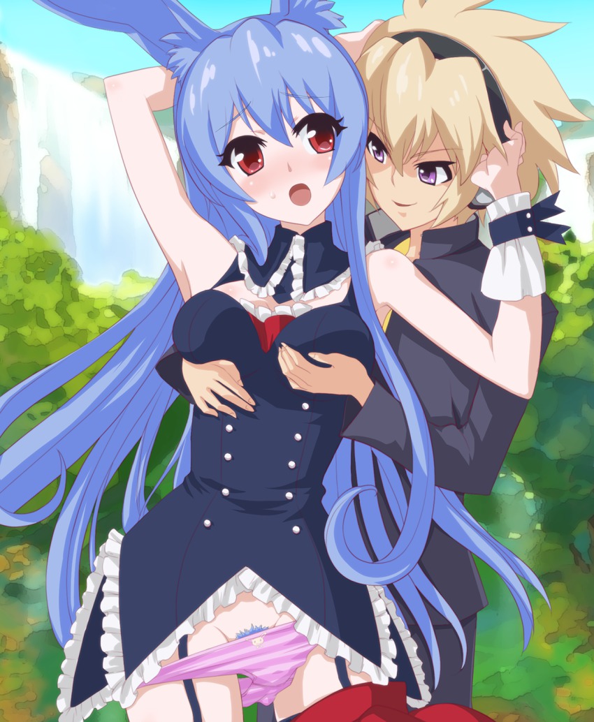 1boy 1girl animal_ears blonde_hair blue_hair blush breasts female_pubic_hair garter_straps grabbing_another&#039;s_breast groping hetero highres iracco kurousagi_(mondaiji) long_hair mondaiji-tachi_ga_isekai_kara_kuru_sou_desu_yo? open_mouth panties pubic_hair purple_eyes rabbit_ears red_eyes sakamaki_izayoi thighhighs underwear