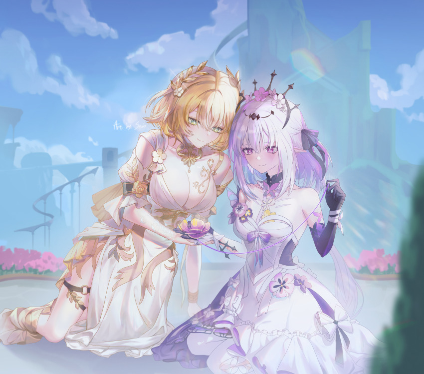 2girls absurdres aglaea_(honkai:_star_rail) artist_name bare_shoulders blonde_hair blue_sky bow breasts bug butterfly castorice_(honkai:_star_rail) cleavage cloud commentary_request dress english_text flower flower_ornament glint gloves greco-roman_clothes green_eyes hair_flower hair_ornament head_wreath highres holding holding_flower holding_needle honkai:_star_rail honkai_(series) insect laurel_crown multiple_girls needle outdoors pointy_ears purple_bow purple_butterfly purple_eyes purple_flower purple_gloves purple_hair seio_b23 sky smile thread white_dress