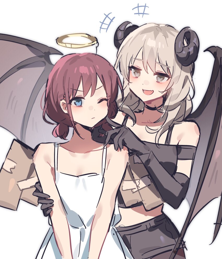 2girls angel_and_devil blue_eyes cardboard cheek_poking chills_210 cowboy_shot demon_girl demon_horns demon_wings dress elbow_gloves fake_halo fake_wings girls_band_cry gloves grey_eyes grey_hair halo heart heart_in_eye highres horns iseri_nina kawaragi_momoka medium_hair multiple_girls one_eye_closed open_mouth poking red_hair short_hair shorts simple_background smile symbol_in_eye white_background white_dress wings yuri