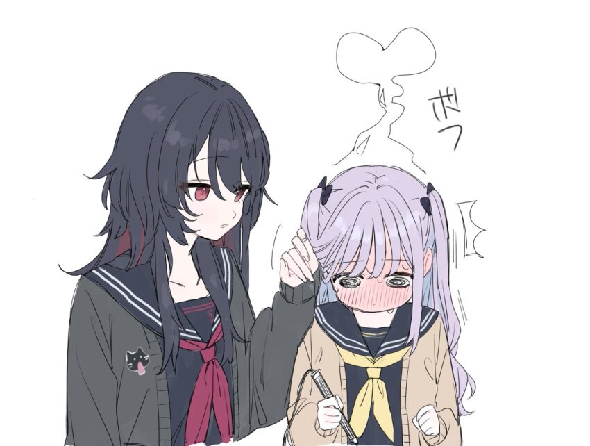 2girls @_@ black_bow black_hair blush bow cardigan full-face_blush grabbing_another&#039;s_hair green_cardigan hair_bow hanada_ten iris_black_games kisaragi_ren_(vtuber) long_hair long_sleeves looking_at_another multiple_girls neckerchief open_mouth purple_hair red_eyes red_neckerchief sailor_collar school_uniform serafuku shinomiya_runa sidelocks sketch two_side_up upper_body virtual_youtuber vspo! wavy_hair white_background yellow_cardigan yellow_neckerchief yuri