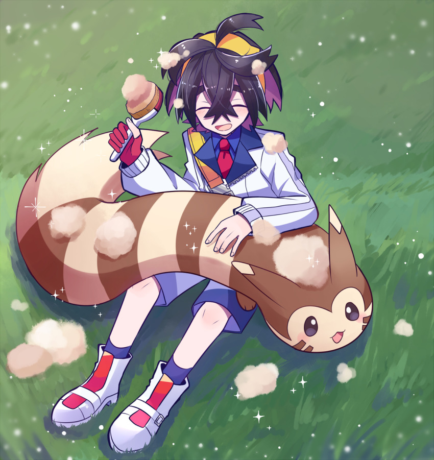 1boy black_hair blue_shirt blue_socks blush closed_eyes collared_shirt creatures_(company) crossed_bangs fluff furret game_freak gen_2_pokemon gloves grass hair_between_eyes hairband highres holding holding_brush jacket kieran_(pokemon) long_sleeves male_focus motiumai nintendo open_mouth outdoors pokemon pokemon_(creature) pokemon_sv purple_hair red_gloves shirt shoes single_glove sitting socks sparkle white_footwear yellow_hairband