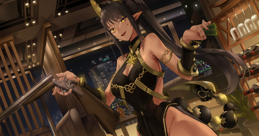 1girl absurdres armlet black_dress black_hair blonde_hair breasts china_dress chinese_clothes commission dress goback gun highres horns indoors jewelry large_breasts long_hair looking_at_viewer mole original pointy_ears ponytail shotgun sleeveless sleeveless_dress smile solo tail weapon