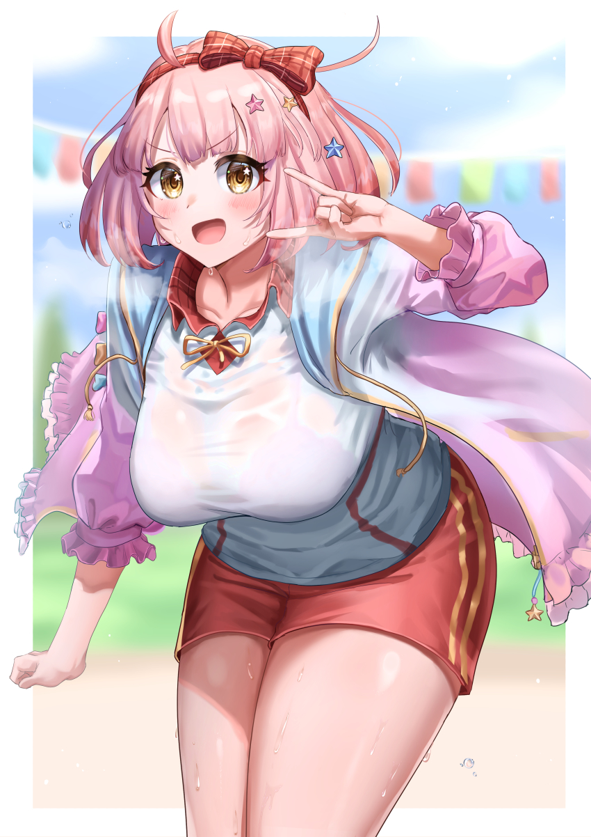 1girl absurdres blush bra bra_visible_through_clothes bralines breasts chieru_(princess_connect!) chieru_(school_festival)_(princess_connect!) female_focus gradient_clothes gradient_jacket gym_uniform hair_between_eyes hair_ornament hairband highres jacket large_breasts looking_at_viewer ooeyama pink_hair plaid_clothes plaid_collar princess_connect! see-through_clothes shirt solo thighs underwear wet wet_clothes wet_shirt yellow_eyes