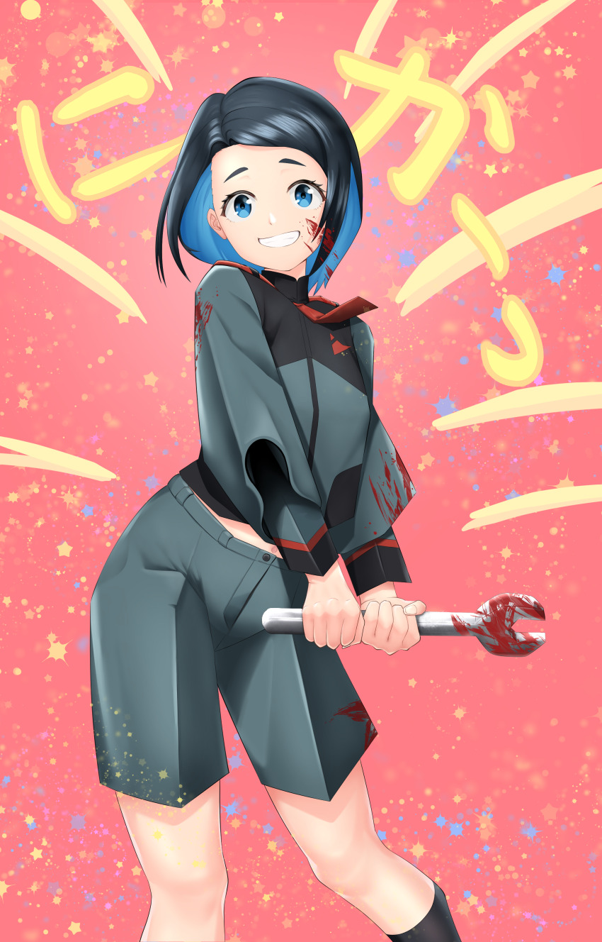 1girl absurdres asticassia_school_uniform black_socks blood blood_on_clothes blood_on_face bloody_weapon blue_eyes colored_inner_hair false_smile gundam gundam_suisei_no_majo highres holding holding_tool holding_wrench moragon584 multicolored_hair nika_nanaura pink_background school_uniform short_hair shorts smile socks standing weapon wrench