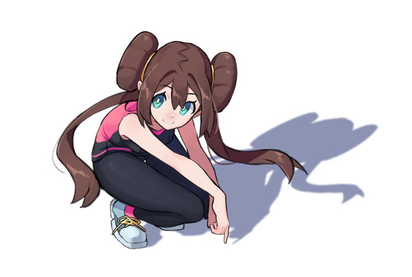 1girl 2024_pokemon_teraleak absurdres bare_shoulders black_pants black_shirt black_tank_top blue_eyes blue_footwear brown_hair closed_mouth creatures_(company) double_bun full_body game_freak grimmelsdathird hair_between_eyes hair_bun highres long_hair looking_to_the_side nintendo pants pantyhose pink_shirt pink_socks pokemon pokemon_bw2 rosa_(pokemon) shadow shirt shoes sleeveless sleeveless_shirt smile sneakers socks solo squatting tank_top twintails two-tone_shirt white_background