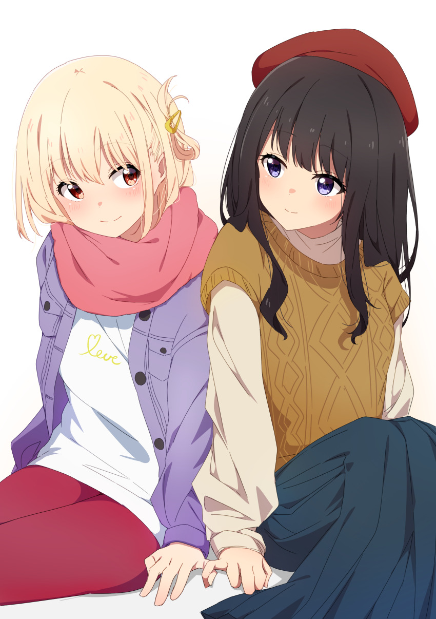 2girls absurdres beret black_hair blonde_hair blue_skirt blush bob_cut brown_sweater closed_mouth enpera finger_touching hair_ornament hairclip hat highres inoue_takina jacket long_hair long_skirt looking_at_another lycoris_recoil multiple_girls nishikigi_chisato open_clothes open_jacket pantyhose purple_eyes purple_jacket red_eyes red_headwear red_pantyhose red_scarf reikakrzk scarf shirt short-sleeved_sweater short_hair short_sleeves simple_background sitting skirt smile sweater white_background white_shirt yuri