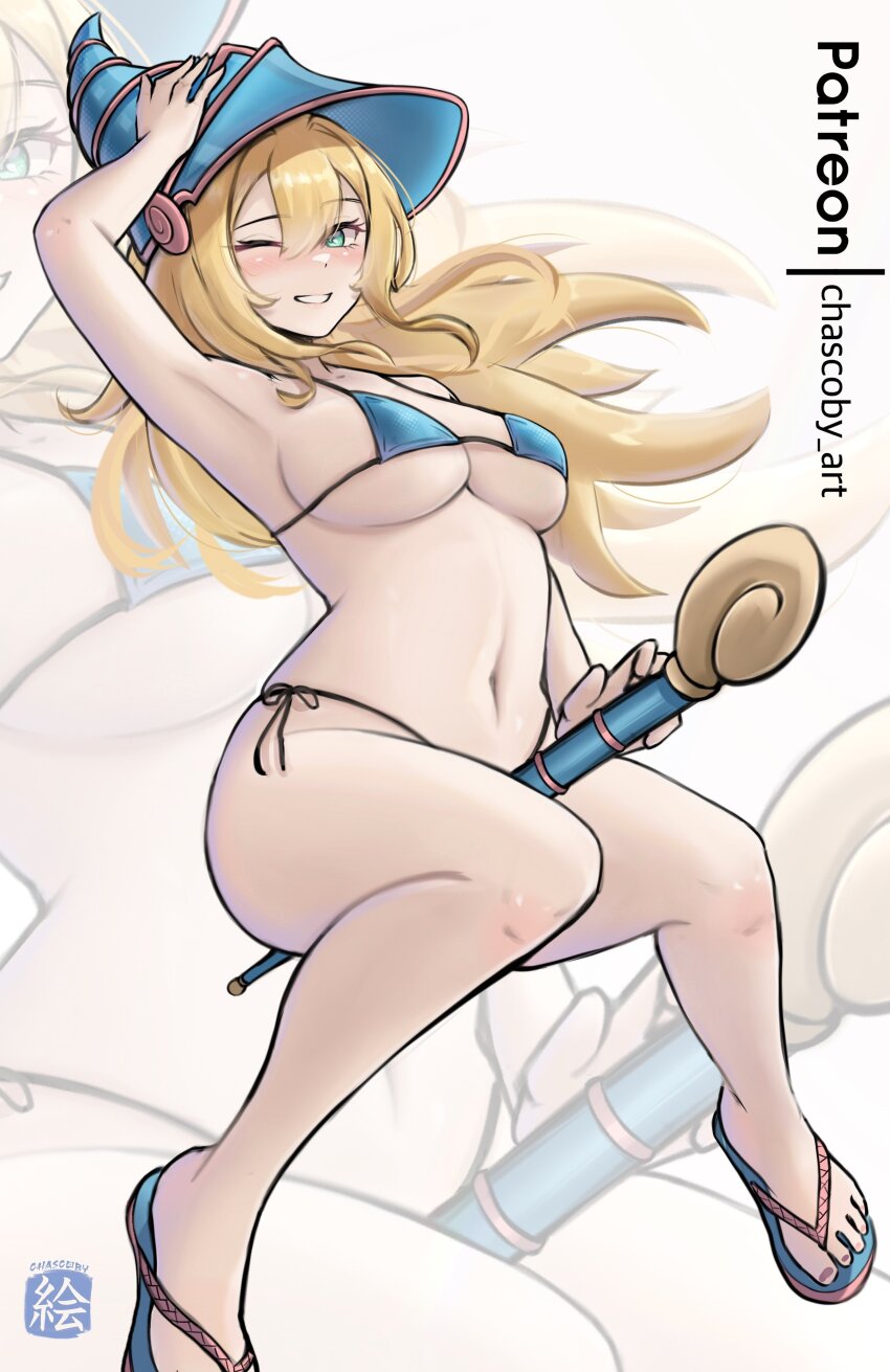 1girl ;d absurdres armpits arms_up artist_name between_legs bikini blue_bikini breasts chascoby dark_magician_girl flip-flops full_body green_eyes grin hat highres holding holding_staff long_hair looking_at_viewer medium_breasts nail_polish one_eye_closed open_mouth patreon_username pink_nails sandals shiki_eiki simple_background smile solo staff stomach string_bikini swimsuit teeth toenail_polish toenails toes white_background witch witch_hat yu-gi-oh! zoom_layer