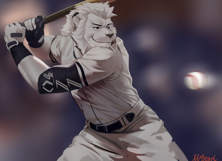 1boy baseball baseball_(object) baseball_bat baseball_uniform body_fur closed_mouth commentary cowboy_shot english_commentary furry furry_male gloves grey_fur highres holding holding_baseball_bat leo_(seibu_lions) lion_boy looking_to_the_side male_focus mane mr_bear_c nippon_professional_baseball outdoors saitama_seibu_lions smile solo sportswear standing swinging