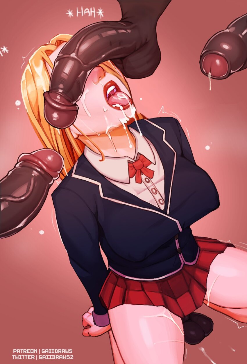 1girl arms_behind_back black_jacket blazer blonde_hair bow bowtie breasts collared_shirt commentary cum cum_in_mouth cum_on_tongue dark_penis dildo dildo_riding disembodied_penis english_commentary erection facial foreskin gaiidraws group_sex heavy_breathing hetero highres interracial jacket kneeling large_breasts large_penis large_testicles lipstick long_hair makeup miniskirt open_mouth original penis penis_awe penis_on_face penis_over_eyes phimosis red_bow red_bowtie red_lips red_skirt school_uniform sex_toy shirt skirt solo_focus surrounded_by_penises testicles tongue tongue_out uncensored veins veiny_penis white_shirt