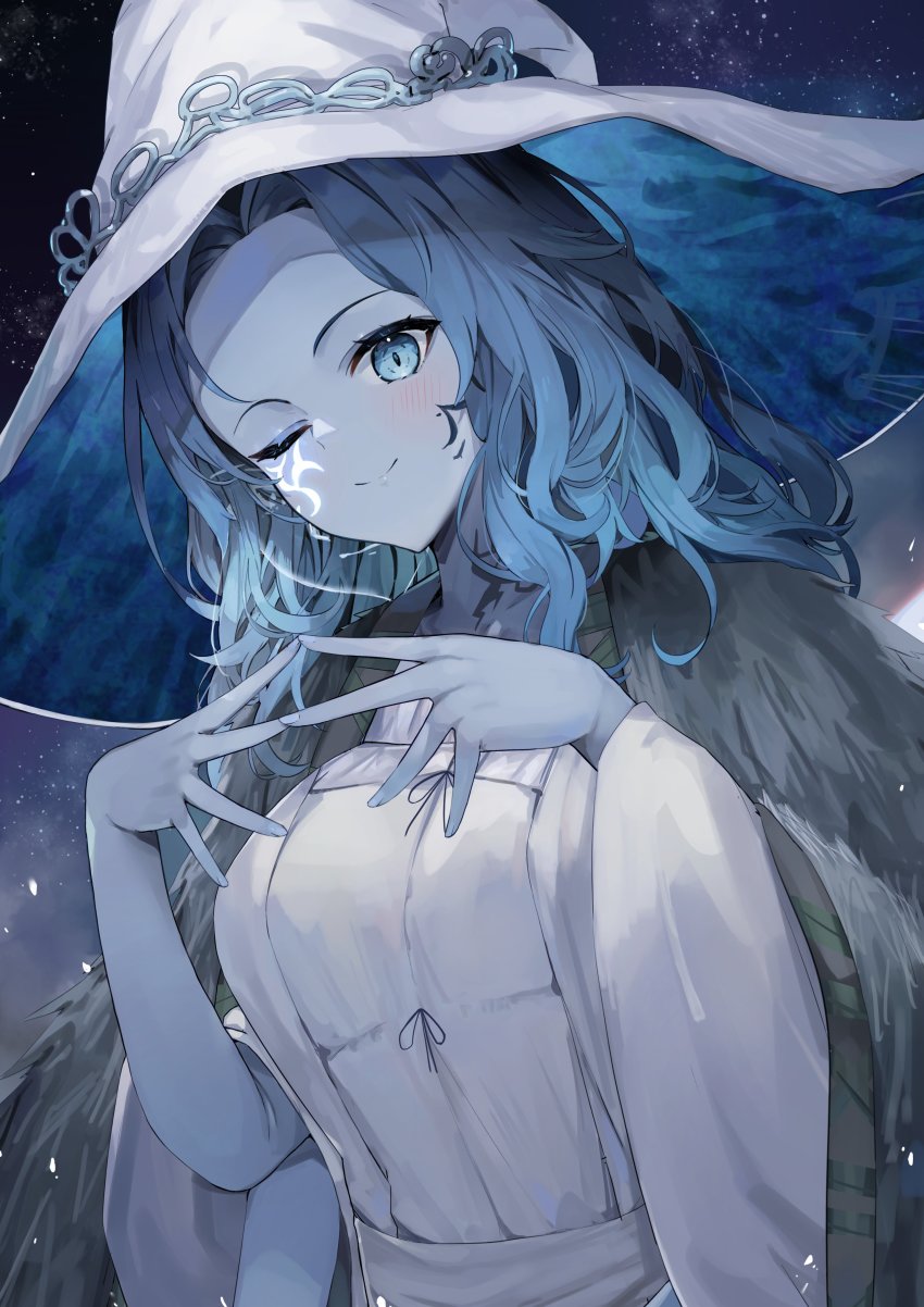 1girl absurdres alternate_breast_size blue_eyes blush breasts cloak closed_mouth dress dutch_angle elden_ring extra_arms facial_tattoo fingers_together fur_cloak hat highres kuroshiro_kanae large_breasts long_sleeves looking_at_viewer one_eye_closed ranni_the_witch sky smile solo star_(sky) starry_sky tattoo upper_body white_dress wide_sleeves witch_hat