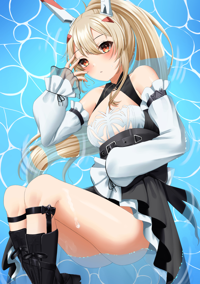 1girl absurdres ass ayanami_(azur_lane) ayanami_(nightfall_raiment)_(azur_lane) azur_lane belt black_footwear boots commentary_request detached_sleeves hair_between_eyes hair_ornament hairclip headgear highres in_water knee_boots konparu_uran long_hair long_sleeves looking_at_viewer lying official_alternate_costume orange_eyes retrofit_(azur_lane) sidelocks silver_hair solo wide_sleeves