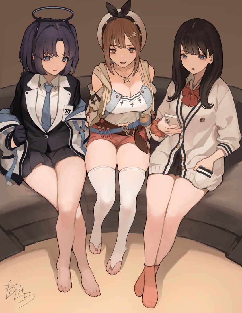 3girls absurdres atelier_(series) atelier_ryza bare_legs barefoot beret black_gloves black_hair blue_archive blue_eyes blue_necktie bow bowtie breasts bridal_legwear brown_eyes brown_hair cardigan cellphone cleavage commentary crossed_legs crossover detached_sleeves flask gloves gridman_universe hair_ornament hairclip halo hand_in_pocket hat highres holding holding_phone jacket jewelry koh_(minagi_kou) large_breasts leather_belt long_hair looking_at_viewer mechanical_halo multiple_girls necklace necktie orange_scrunchie orange_socks phone purple_eyes purple_hair red_bow red_bowtie red_shorts reisalin_stout round-bottom_flask school_uniform scrunchie shirt short_shorts shorts signature sitting sleeveless sleeveless_jacket smartphone socks ssss.gridman star_(symbol) star_necklace takarada_rikka thick_thighs thighs trait_connection two-sided_fabric two-sided_jacket two_side_up white_cardigan white_hat white_jacket white_shirt wrist_scrunchie yellow_jacket yuuka_(blue_archive)