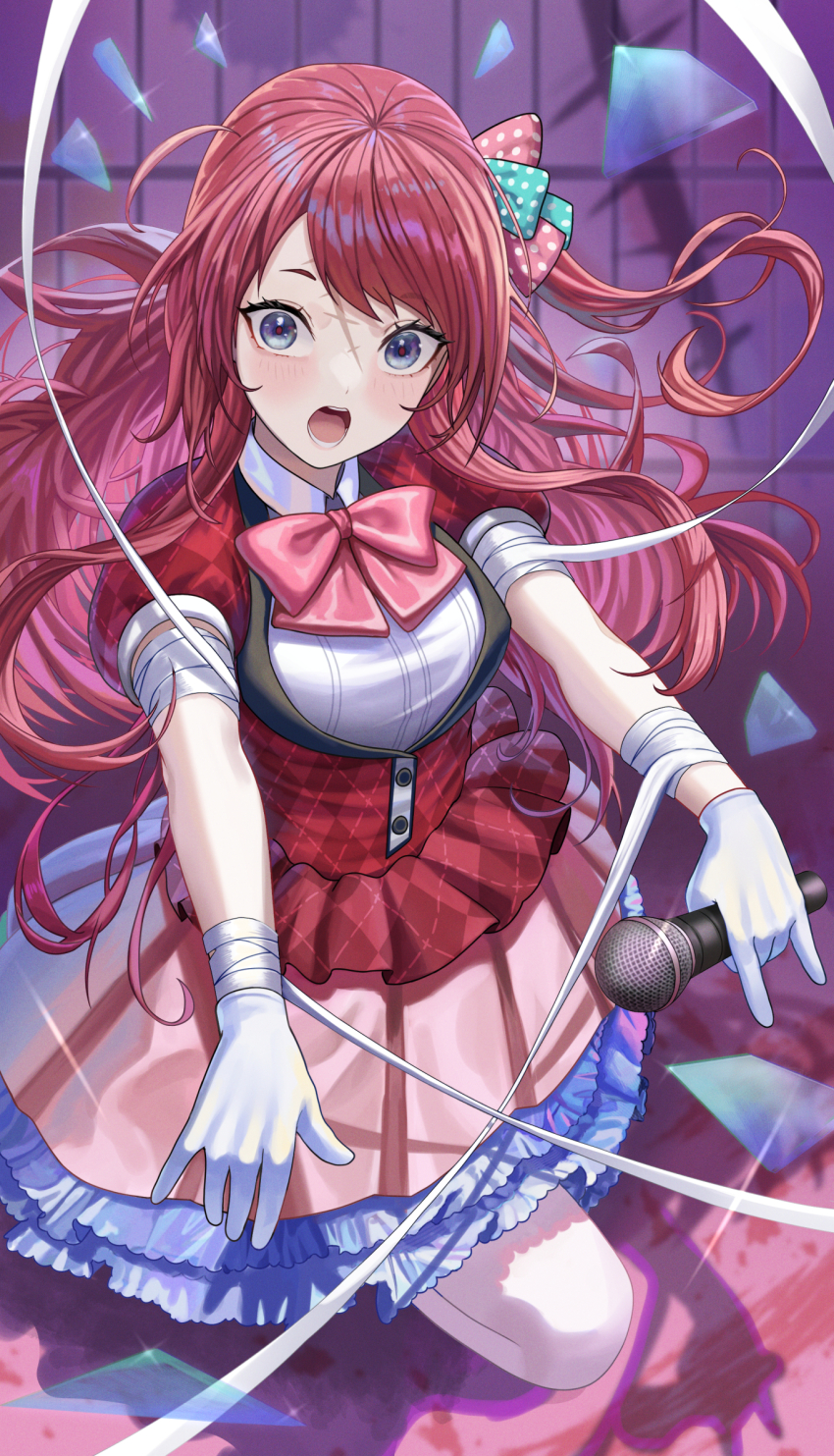 1girl blue_eyes gloves highres long_hair looking_at_viewer minamoto_sakura open_mouth red_hair silvertsuki solo white_gloves zombie_land_saga