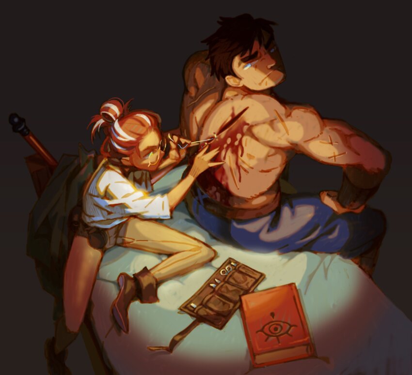 1boy 1girl bed black_hair blood blue_pants book boots from_above glasses jacket looking_back multicolored_hair muscular muscular_male needle niwindustries original pants red_hair scar shirt shirtless_male short_hair simple_background stitches stitching surgery unworn_jacket white_shirt