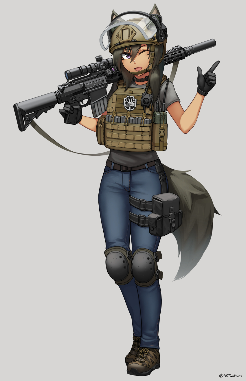 1girl ;d absurdres animal_ear_fluff animal_ears black_gloves black_hair blue_pants brown_footwear commentary_request escape_from_tarkov fake_animal_ears fang gloves grey_background grey_shirt gun hair_between_eyes hand_up highres holding holding_gun holding_weapon index_finger_raised knee_pads long_hair looking_at_viewer ndtwofives one_eye_closed open_mouth original pants purple_eyes rifle scope shirt shoes short_sleeves simple_background smile sniper_rifle solo sr-25 tactical_clothes tail transparent twitter_username weapon