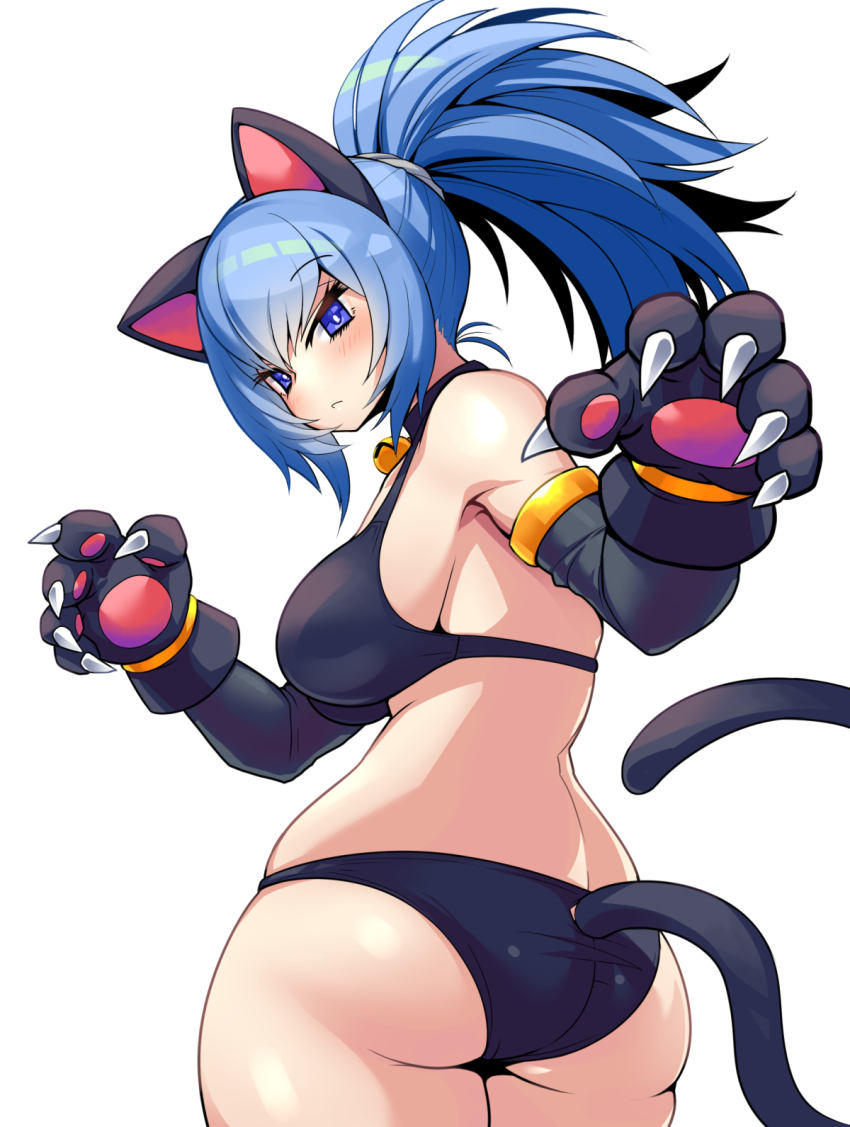 1girl animal_ears animal_hands ass bell bikini black_bikini blue_eyes blue_hair breasts cat_ears cat_paws cat_tail closed_mouth earrings elbow_gloves gloves highres jewelry jingle_bell kara_age large_breasts legs leona_heidern looking_at_viewer necklace o-ring o-ring_bottom paw_pose ponytail red_eyes sideboob simple_background snk_heroines:_tag_team_frenzy solo swimsuit tail the_king_of_fighters twisted_torso white_background