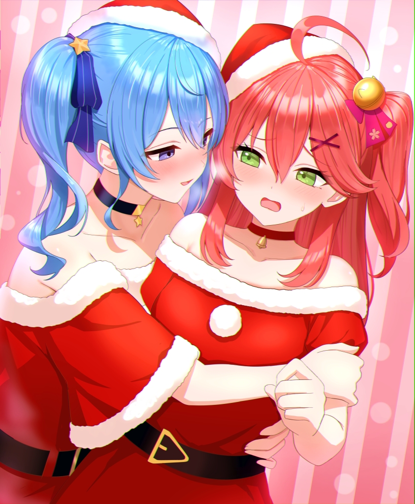 2girls absurdres ahoge alternate_costume bare_shoulders bell belt black_belt blue_choker blue_eyes blue_hair blush breasts choker collarbone eye_contact grabbing_another&#039;s_arm green_eyes hair_between_eyes hair_ornament hairclip half-closed_eyes hat highres hololive hoshimachi_suisei hug long_hair looking_at_another medium_breasts medium_hair multiple_girls neck_bell nervous nervous_sweating one_side_up open_mouth pink_hair red_choker sakura_miko santa_costume santa_hat side_ponytail star_(symbol) star_choker sunamama4788 sweat sweatdrop tongue virtual_youtuber wavy_mouth yuri