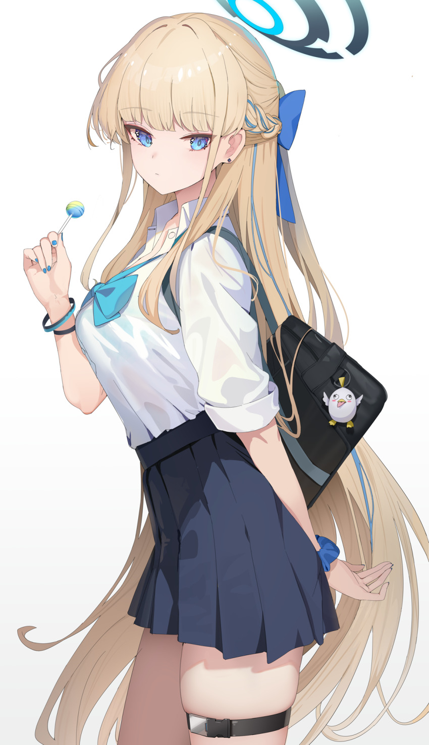 1girl bag black_skirt blonde_hair blue_archive blue_eyes blue_nails bow bowtie bra_visible_through_clothes braid breasts candy collared_shirt cowboy_shot expressionless food from_side hair_bow half_updo halo hand_up high-waist_skirt highres holding holding_candy holding_food holding_lollipop hukahire0120 lollipop long_hair looking_at_viewer looking_to_the_side medium_breasts multicolored_hair nail_polish pleated_skirt school_bag school_uniform scrunchie see-through_clothes shirt shirt_tucked_in simple_background skindentation skirt solo standing streaked_hair thigh_strap thighs toki_(blue_archive) very_long_hair white_background white_shirt wrist_scrunchie wristband