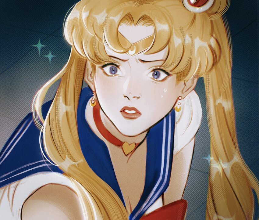 1girl artist_name bishoujo_senshi_sailor_moon blonde_hair blue_eyes blue_sailor_collar choker circlet close-up commentary crescent crescent_earrings derivative_work earrings english_commentary eyeliner gittanart heart heart_choker highres jewelry magical_girl makeup mascara meme parted_lips red_choker red_lips sailor_collar sailor_moon sailor_moon_redraw_challenge_(meme) sailor_senshi_uniform screenshot_redraw solo tsukino_usagi twintails