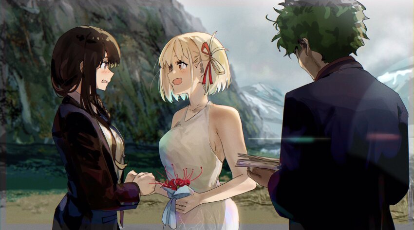 1boy 2girls black_hair blonde_hair dress flower formal_clothes funi_mu9 hair_ribbon highres inoue_takina long_hair lycoris_recoil majima_(lycoris_recoil) mission:_impossible multiple_girls nishikigi_chisato open_mouth outdoors overcast parody red_eyes red_flower red_ribbon ribbon short_hair sky spider_lily suit wedding yuri