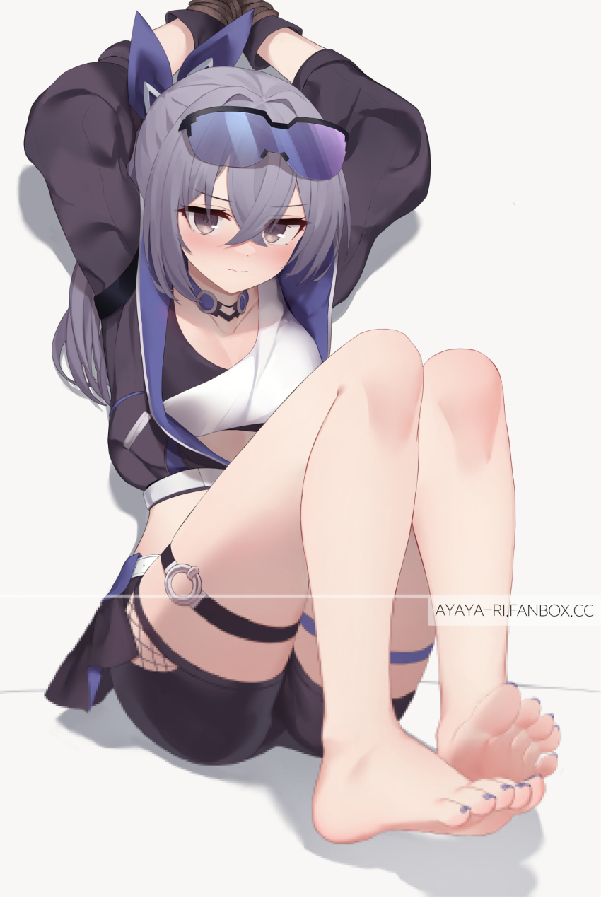 1girl arms_up ayaya_(ayaya_ri) barefoot black_gloves black_jacket black_shorts black_sports_bra bound bound_wrists breasts censored censored_feet closed_mouth crossed_bangs eyewear_on_head feet fishnets full_body gloves gradient-tinted_eyewear grey_background grey_eyes grey_hair hair_between_eyes highres honkai:_star_rail honkai_(series) jacket knees_up legs legs_together long_hair looking_at_viewer medium_breasts mosaic_censoring nail_polish open_clothes open_jacket paid_reward_available ponytail purple-tinted_eyewear shadow shirt short_shorts shorts silver_wolf_(honkai:_star_rail) simple_background single-shoulder_shirt solo sports_bra thigh_strap thighs tinted_eyewear toenail_polish toenails toes