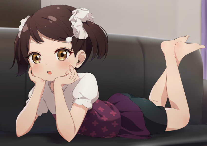 1girl absurdres arm_support ass barefoot becky_blackbell bike_shorts brown_hair couch feet female_focus full_body hands_on_own_face highres ikazu401 indoors legs looking_at_viewer lying on_couch on_stomach open_mouth solo spy_x_family the_pose thighs toes twintails yellow_eyes