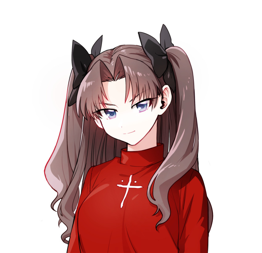 1girl blue_eyes breasts brown_hair commentary_request fate/stay_night fate_(series) highres kani_seijin medium_breasts red_shirt shirt smile solo sweater tohsaka_rin turtleneck turtleneck_sweater two_side_up upper_body