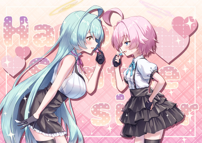 2girls absurdres ahoge aqua_hair black_gloves black_skirt blue_archive blush breasts commentary_request ekura28 eye_contact fingerless_gloves flat_chest gloves halo headset heart high-waist_skirt highres hoshino_(blue_archive) hoshino_(first_year)_(blue_archive) large_breasts layered_skirt leaning_forward long_hair looking_at_another multiple_girls pink_hair profile puffy_short_sleeves puffy_sleeves shirt short_hair short_sleeves skirt sleeveless sleeveless_shirt smile suspender_skirt suspenders very_long_hair white_shirt yume_(blue_archive)