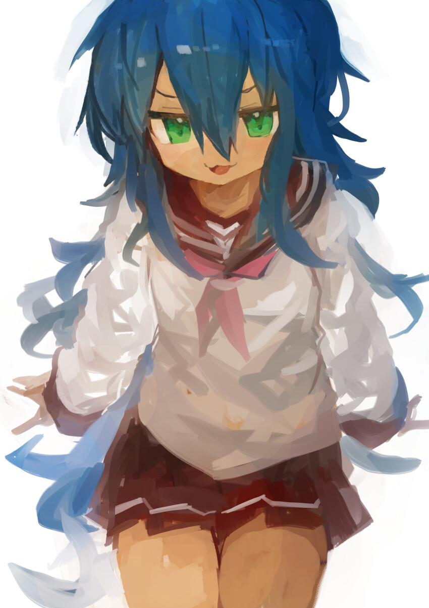 1girl :3 absurdres black_skirt blue_hair commentary green_eyes hair_between_eyes highres izumi_konata kaamin_(mariarose753) long_hair long_sleeves looking_at_viewer lucky_star neckerchief open_mouth pink_neckerchief pleated_skirt ryouou_school_uniform sailor_collar school_uniform serafuku simple_background skirt solo very_long_hair white_background