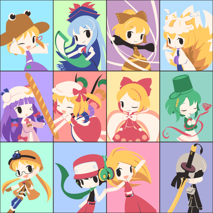 1boy 6+girls ayana_(touhou) black_hair blonde_hair blue_hair bow character_request closed_mouth cobalta curly_brace doukutsu_monogatari closed_eyes flandre_scarlet fox_girl fox_tail glasses green_hair hair_bow hat highres kamishirasawa_keine kimi_ga_shine kizuchi_kanna kurodani_yamame long_hair looking_at_viewer low_twintails made_in_abyss moriya_suwako multiple_girls nier_(series) nier:automata one_eye_closed patchouli_knowledge purple_hair quote_(doukutsu_monogatari) red_bow red_headwear riko_(made_in_abyss) semi-rimless_eyewear short_hair tail touhou twintails under-rim_eyewear yakumo_ran 9s_(nier:automata)