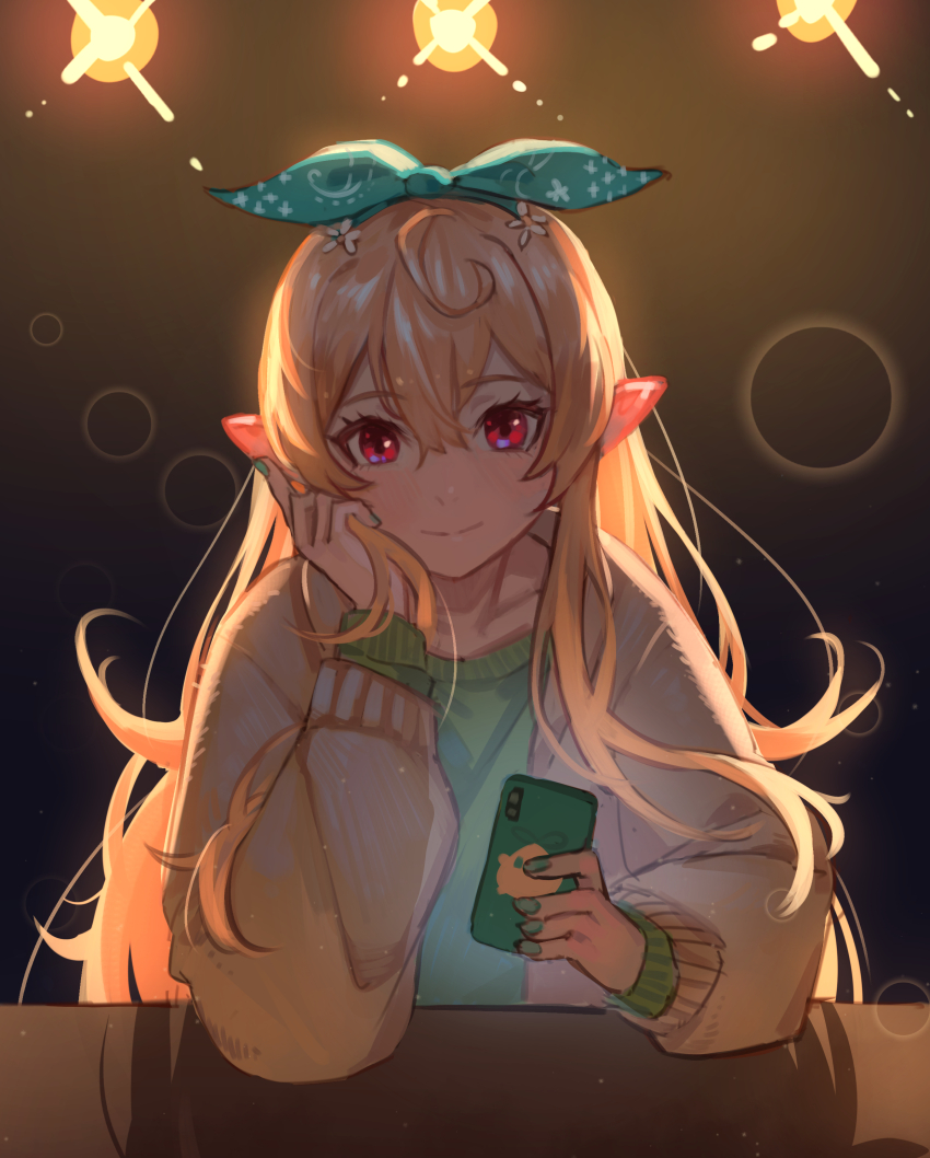 1girl absurdres ahoge blonde_hair bow brown_cardigan cardigan cellphone flower green_bow green_headband green_nails green_shirt hair_between_eyes hair_flower hair_ornament hand_on_own_face headband highres holding holding_phone long_hair long_sleeves looking_at_viewer maplesights nail_polish nijisanji nijisanji_en phone pointy_ears pomu_rainpuff red_eyes shirt smartphone smile solo virtual_youtuber white_flower