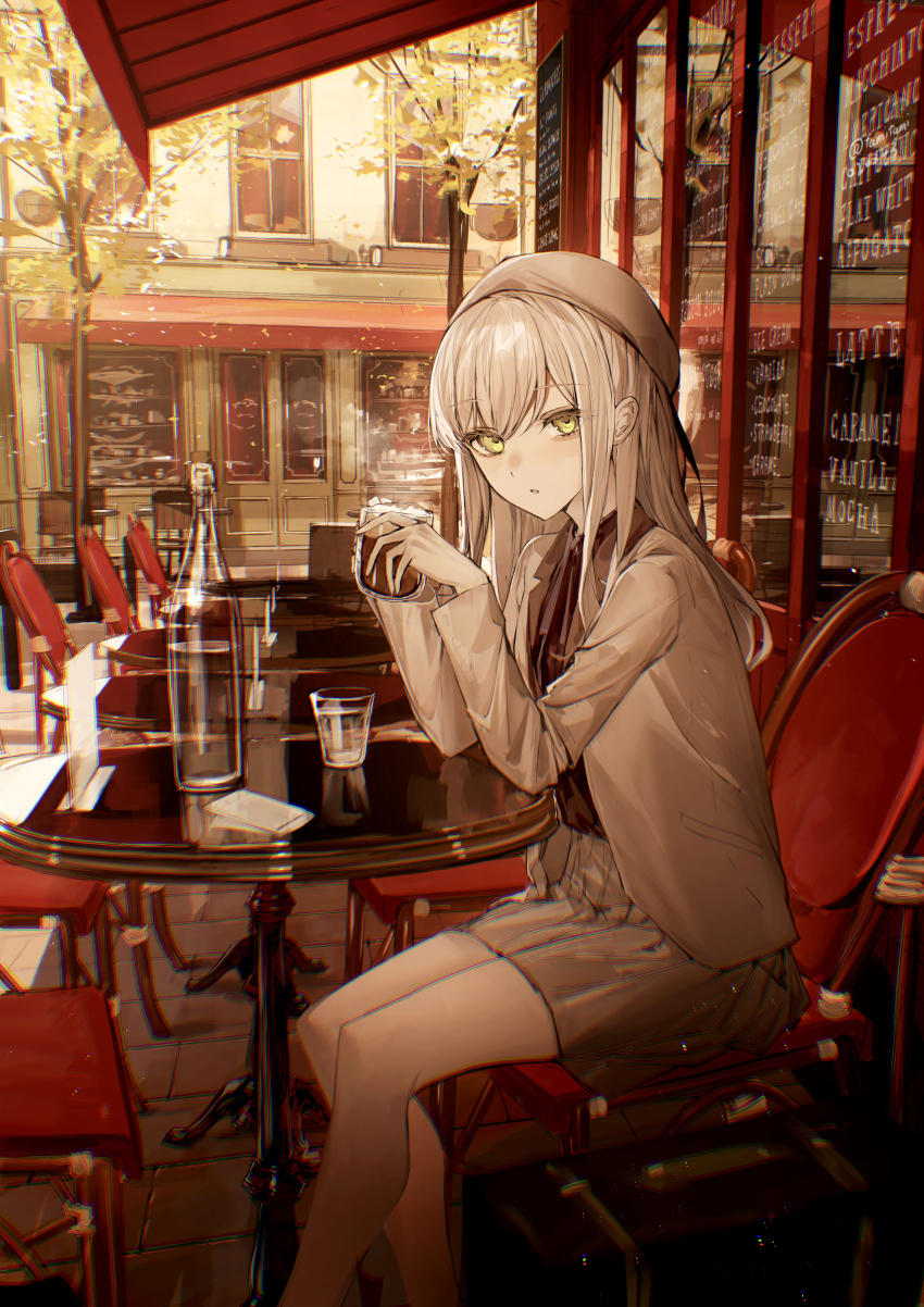 1girl absurdres black_shirt blue_eyes cafe chair chromatic_aberration collared_shirt cup drink feet_out_of_frame formal hat highres holding holding_cup long_sleeves looking_at_viewer medium_hair original parted_lips shirt sitting skirt solo suit table tamitami white_hair white_skirt white_suit