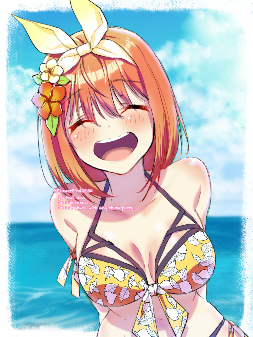 1girl arms_behind_back bikini blush breasts breasts_apart closed_eyes collarbone flower go-toubun_no_hanayome hair_flower hair_ornament hair_ribbon highres horizon leaf_print medium_breasts nakano_yotsuba ocean open_mouth orange_hair outdoors print_bikini ribbon short_hair sky smile solo swimsuit teeth twitter_username upper_teeth_only yellow_bikini yellow_ribbon yu_(flowerbird3830)