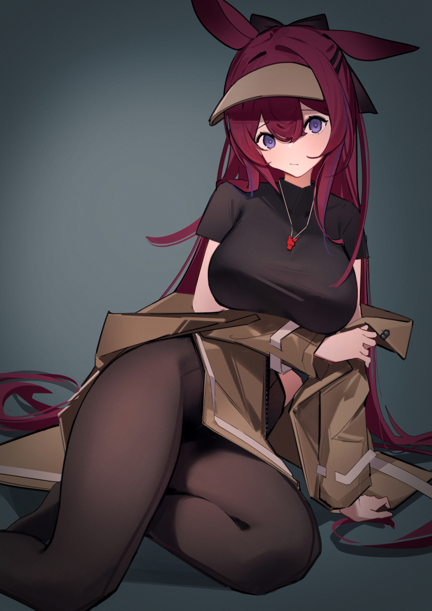 1girl absurdres animal_ears arknights black_pantyhose black_shirt breasts brown_jacket chichi_guai closed_mouth commentary_request foot_out_of_frame hair_between_eyes hand_on_ground highres jacket jacket_partially_removed jewelry large_breasts legs long_hair looking_at_viewer necklace no_shoes pantyhose purple_eyes rabbit_ears rabbit_girl ray_(arknights) shirt sitting solo t-shirt very_long_hair visor_cap yokozuwari