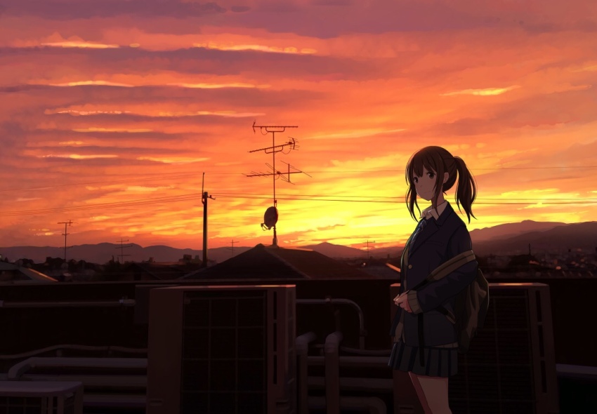 1girl black_skirt brown_eyes brown_hair closed_mouth female_focus looking_at_viewer original outdoors sakeharasu satellite_dish scenery short_hair short_ponytail skirt smile solo sunset