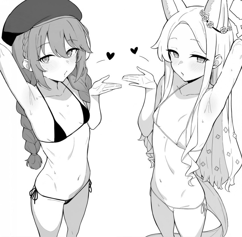 2girls animal_ears arm_up armpits bikini blowing_kiss blue_archive blush braid breasts cleavage flat_chest hat heart highres loli long_hair looking_at_viewer micro_bikini multiple_girls navel parted_lips princess_connect! puckered_lips seia_(blue_archive) simple_background stomach swimsuit thighs twin_braids white_background yuni_(princess_connect!) zepyuros