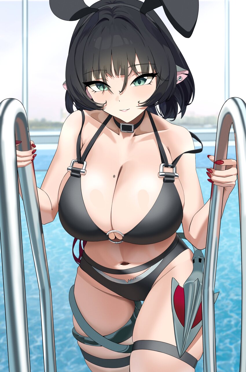 1girl absurdres animal_ears bikini black_bikini black_hair blunt_bangs breasts cleavage collarbone cowboy_shot fake_animal_ears fingernails green_eyes hashtag-only_commentary highres jane_doe_(zenless_zone_zero) large_breasts long_hair looking_at_viewer mouse_ears mouse_girl mouse_tail nail_polish navel pool rabbit_ears red_nails september0405 sidelocks smile solo swimsuit tail water zenless_zone_zero