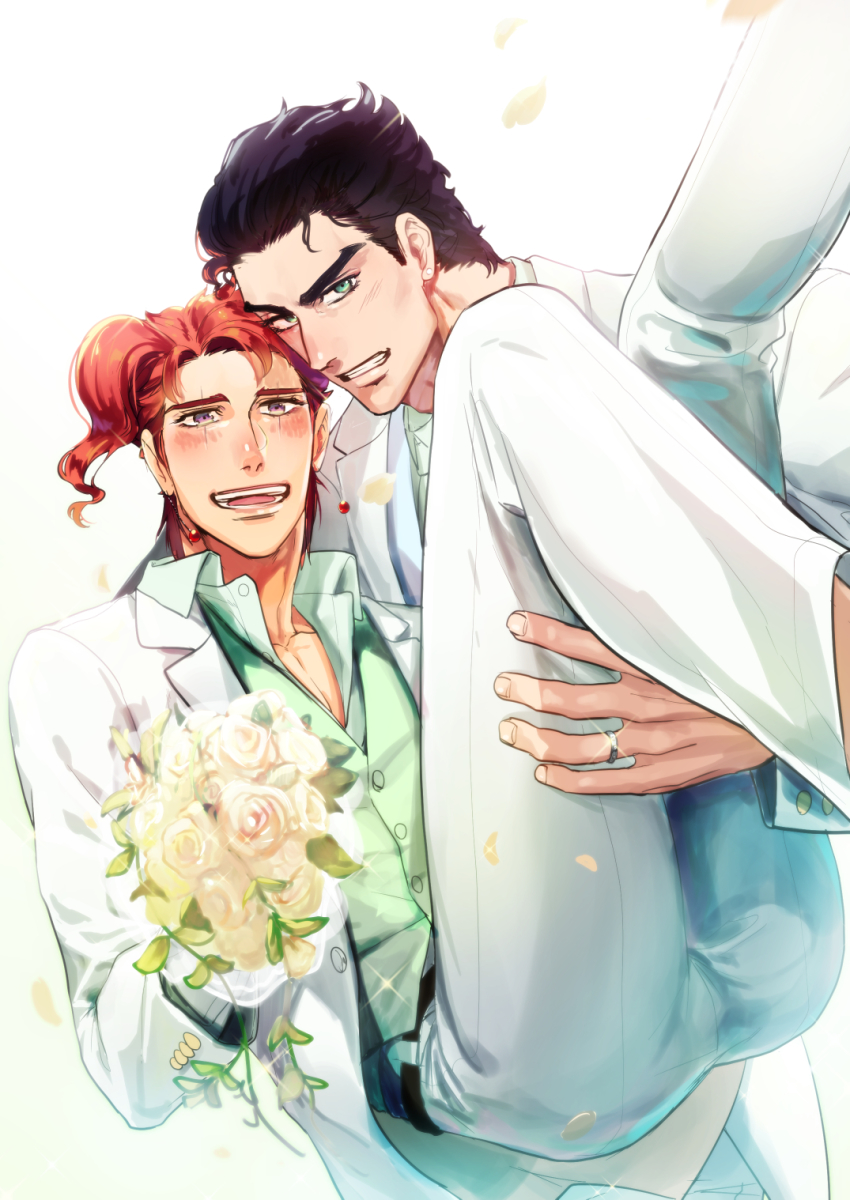 2boys bad_id bad_pixiv_id black_hair bouquet carrying earrings flower formal_clothes green_eyes grin highres jewelry jojo_no_kimyou_na_bouken kakyoin_noriaki kuujou_joutarou male_focus multiple_boys open_mouth petals princess_carry purple_eyes red_hair ring scar scar_across_eye scar_on_face sekisei smile suit wedding_band yaoi