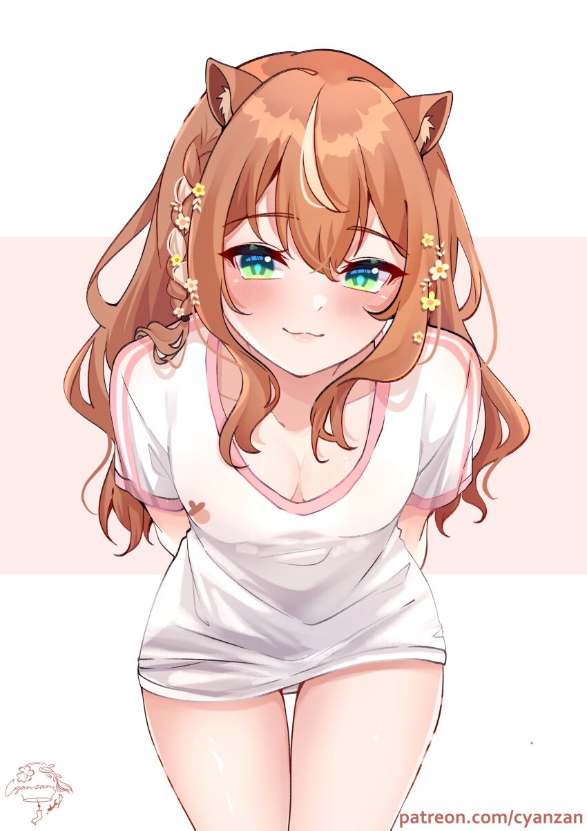 1girl :3 absurdres animal_ear_fluff animal_ears arms_behind_back ayunda_risu breasts brown_hair cleavage cowboy_shot cyanzan flower green_eyes hair_flower hair_ornament highres hololive hololive_indonesia leaning_forward long_hair looking_at_viewer medium_breasts multicolored_hair patreon_username pink_background shirt signature solo squirrel_ears squirrel_girl streaked_hair thigh_gap very_long_hair white_background white_shirt