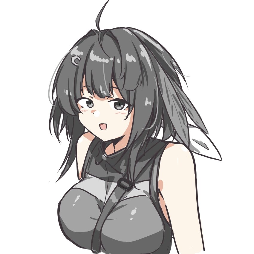 1girl :d absurdres arknights bare_shoulders black_eyes black_hair black_shirt blush breasts commentary eyes_visible_through_hair highres la_pluma_(arknights) large_breasts looking_at_viewer medium_hair open_mouth shirt simple_background sleeveless sleeveless_shirt smile solo upper_body white_background xibu_cai